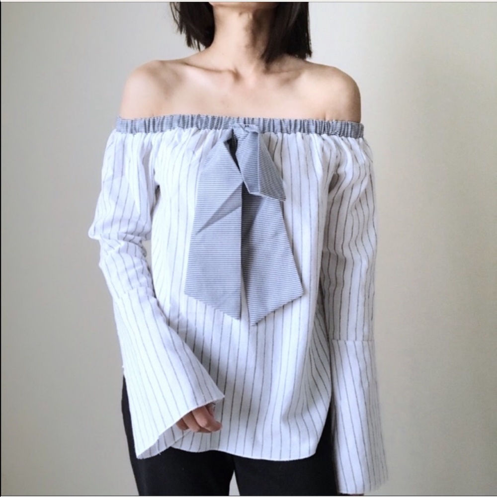 MANGO MNG POPLIN Off Shoulder Top- Gray White - Picture 5 of 5